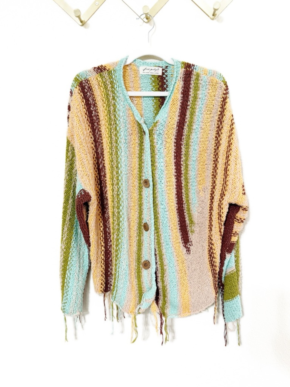 Free People Baja Stripe Fringe Boho Multicolor Button Cardigan Sweater - Picture 6 of 10